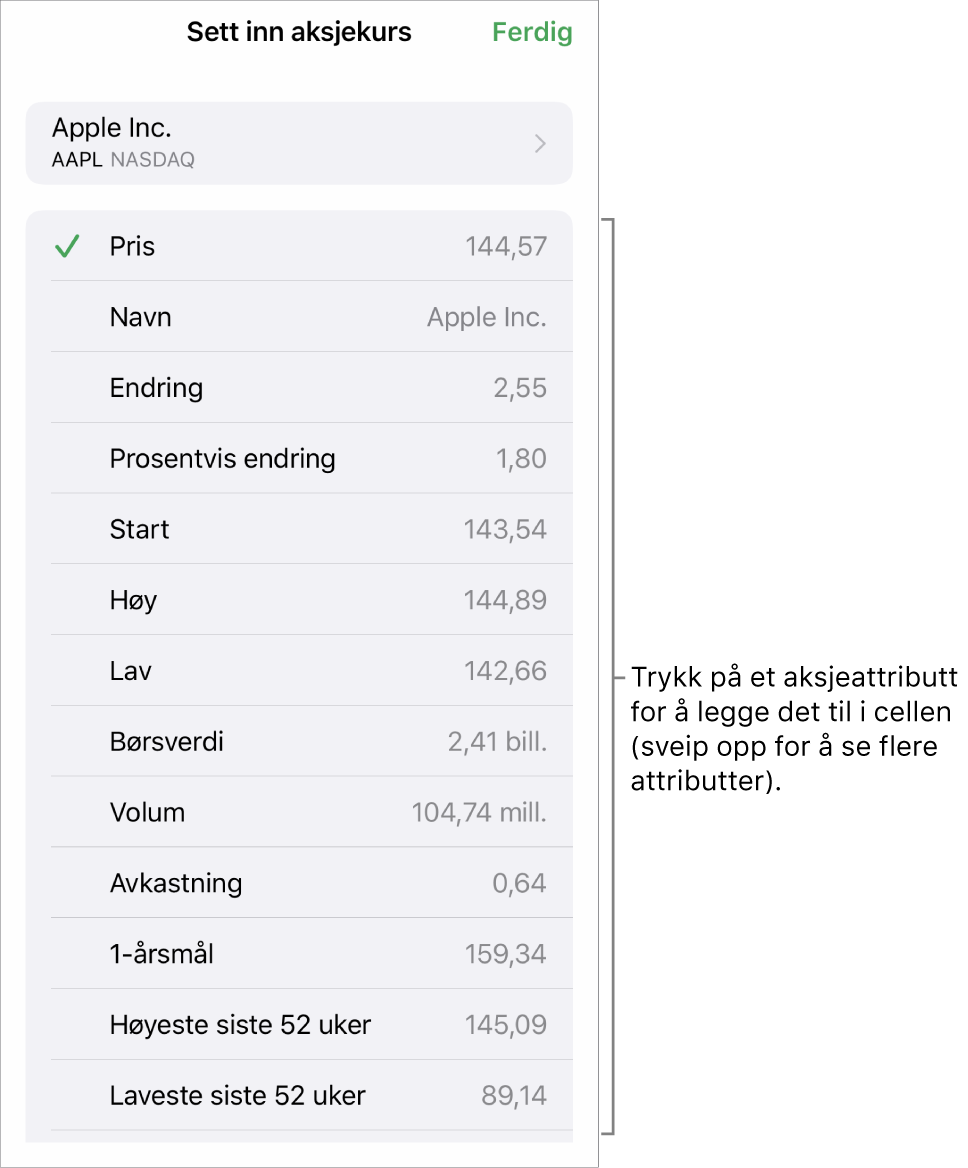 Aksjekurs-vinduspanelet, med aksjenavnet øverst, og valgbare aksjeattributter under, inkludert kurs, navn, endring, prosentendring og start.