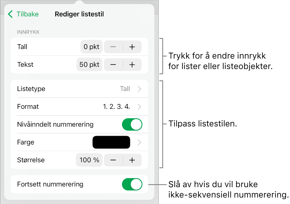 Rediger listestil-meny med kontroller for innrykk, listetype og -format, nivåinndelt nummerering, listefarge og -størrelse og fortsatt nummerering.