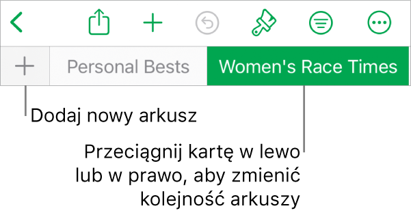 Pasek kart pozwalający na dodawanie nowego arkusza, nawigowanie, zmienianie kolejności i porządkowanie arkuszy.