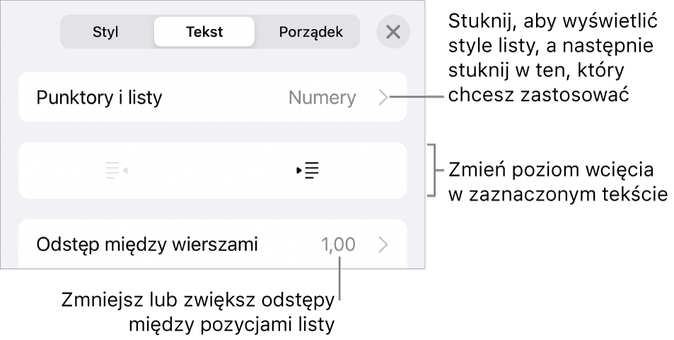 Sekcja Punktory i listy w narzędziach Format. Objaśnienia wskazują przyciski Punktory i listy, Wysunięcie oraz Wcięcie, a także narzędzia odstępów między wierszami.