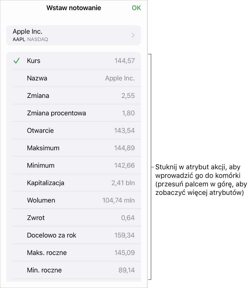 Okno nałożone Wstaw notowanie giełdowe. Na górze widoczna jest nazwa akcji, natomiast niżej znajdują się atrybuty, które można zaznaczyć, takie jak kurs, nazwa, zmiana, zmiana procentowa oraz otwarcie.