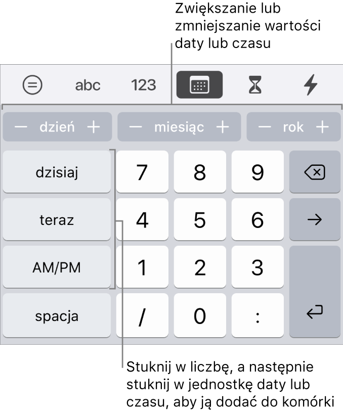 Klawiatura daty i czasu. Na górze widoczny jest rząd przycisków jednostek czasu (miesięcy, dni i lat), przy użyciu których możesz zmieniać wartości znajdujące się w komórce. Po lewej stronie znajdują się klawisze: dziś, teraz i AM/PM, a na środku widoczne są klawisze z liczbami.