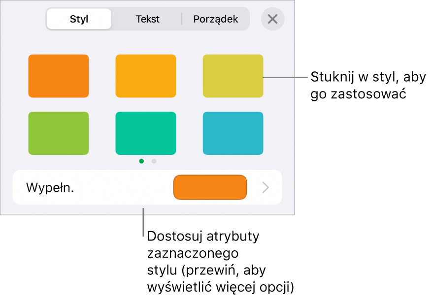 Karta Styl w menu Format, zawierająca na górze style kształtów, a poniżej pole koloru wypełnienia.
