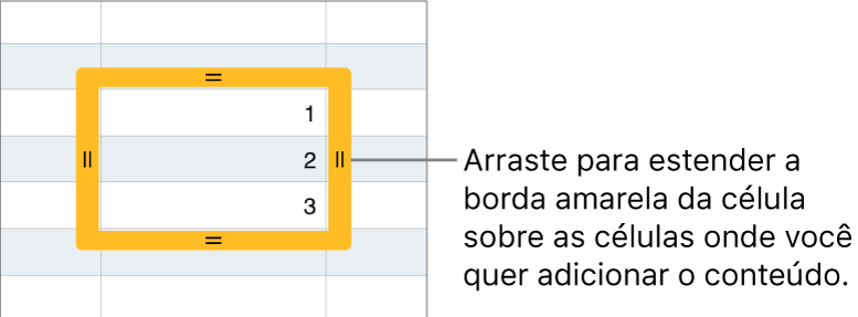 Célula selecionada com uma grande borda amarela que você pode arrastar para preencher células automaticamente.