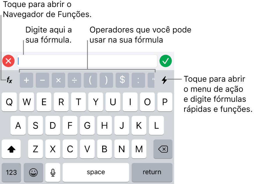 O teclado de fórmulas com o editor de fórmulas acima e os operadores utilizados nas fórmulas, abaixo. O botão Funções, para abrir o Navegador de Funções, está à esquerda dos operadores e o botão Ação do menu está à direita.