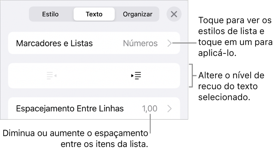 Seção “Marcadores e Listas” dos controles de Formatação, com chamadas para “Marcadores e Listas”, botões para aumentar ou diminuir o recuo e controles de entrelinha.