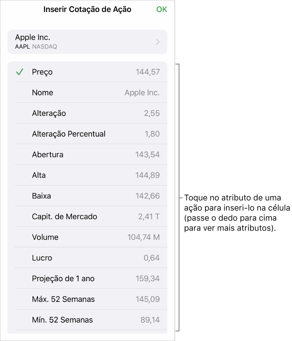 O popover de Cotação da Ação com o nome da ação acima e atributos de ação selecionáveis em lista abaixo, incluindo preço, nome, alteração, alteração percentual e abertura.