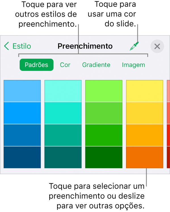 Opções de preenchimento na aba Estilo do botão Formatar.