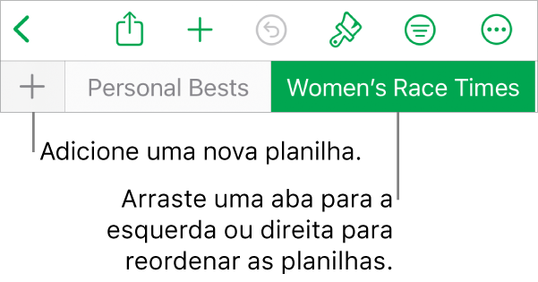 Barra de abas para adicionar uma nova folha, navegar, reorganizar e reorganizar folhas.