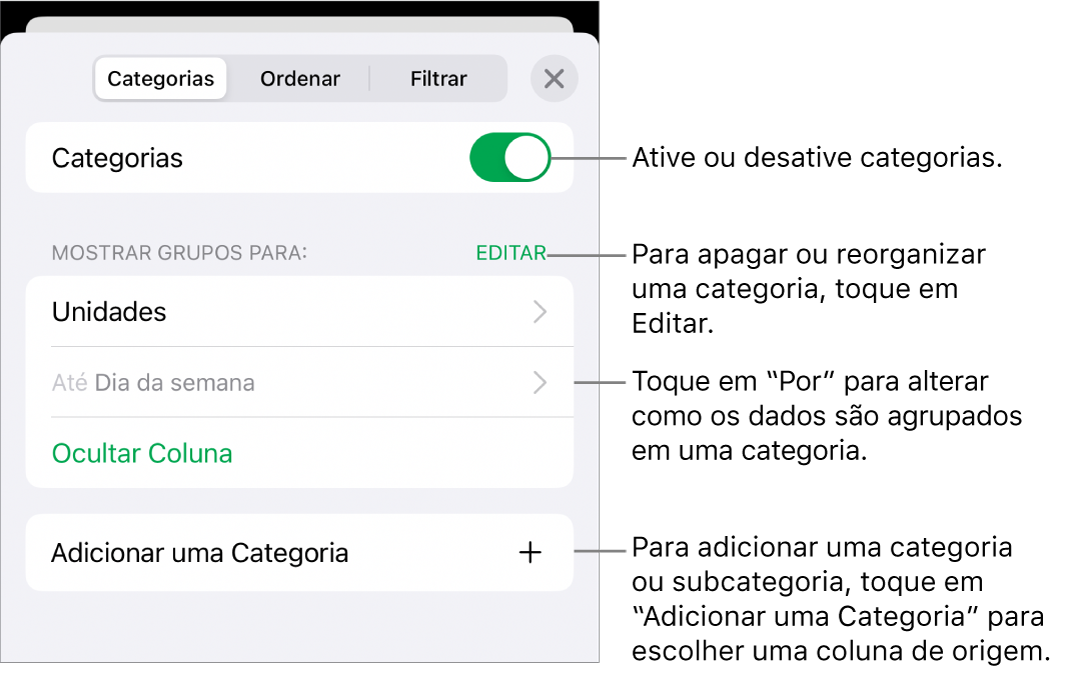 O menu Categorias para o iPhone com opções para desativar categorias, apagar categorias, reagrupar dados, ocultar uma coluna de origem e adicionar categorias.