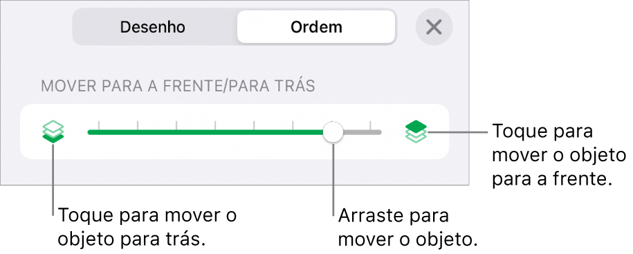O botão “Mover para trás”, o botão “Mover para a frente” e o nivelador da camada.