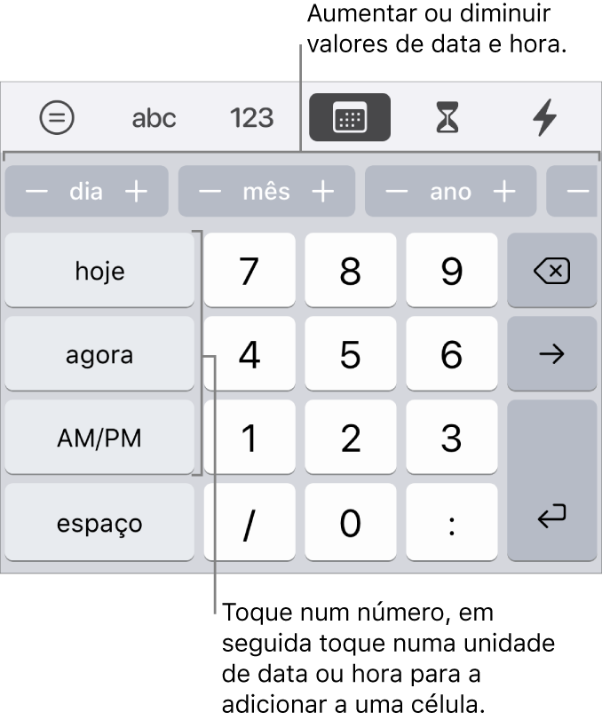 Teclado de data e hora. Uma fila de botões junto à parte superior mostra as unidades de tempo (mês, dia e ano) que pode incrementar de modo a alterar o valor apresentado na célula. São teclas à esquerda para hoje, agora e 12H/24H, e teclas numéricas no centro do teclado.