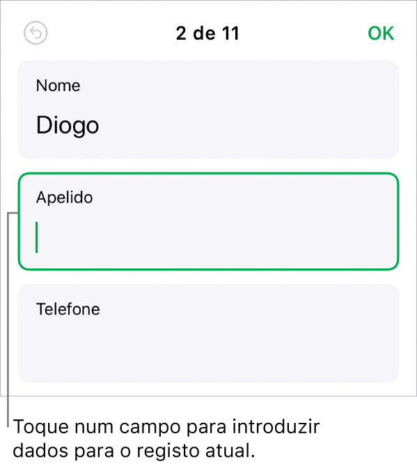 Um registo num formulário a mostrar um campo ativo com um ponto de inserção.