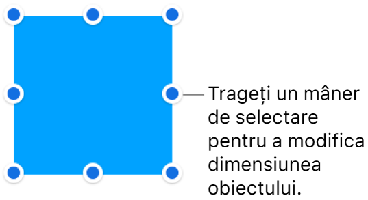 Un obiect cu puncte albastre pe bordură, pentru modificarea dimensiunii acestuia.