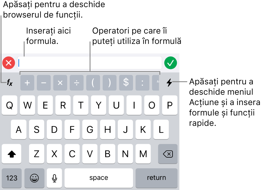 Tastatura pentru formule, cu editorul de formule în partea de sus și operatorii utilizați în formule sub acesta. Butonul Funcții pentru deschiderea browserului de funcții se află în stânga operatorilor, iar butonul pentru meniul Acțiune se află în dreapta.