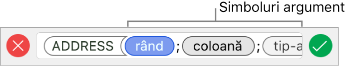 Editorul de formule afișând o funcție cu tokenurile de argumente.