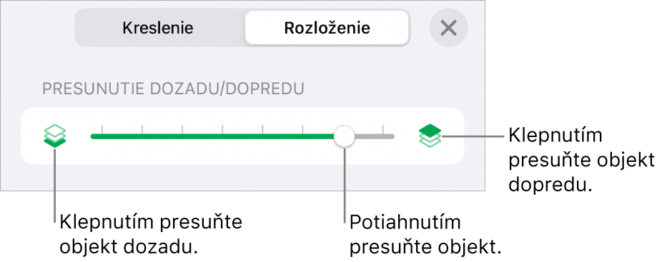 Tlačidlo Presunúť dozadu, tlačidlo Presunúť dopredu a posuvník vrstiev.