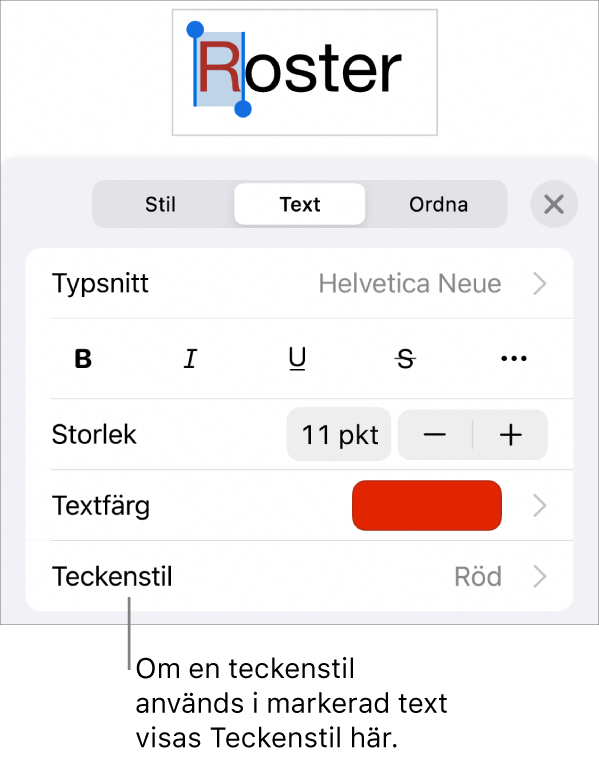 Reglagen för textformatering med Teckenstil under färgreglagen. Teckenstilen Ingen visas med en asterisk.