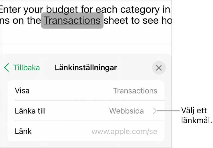 Reglage för länkinställningar med fält för Visa, Länka till (Webbsida är valt) och Länk. Längst ned finns knappen Ta bort länk.