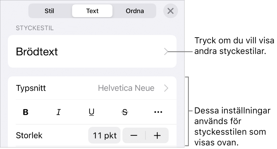 Menyn Format med textreglage för att ställa in stycke- och teckenstilar, typsnitt, storlek och färg.