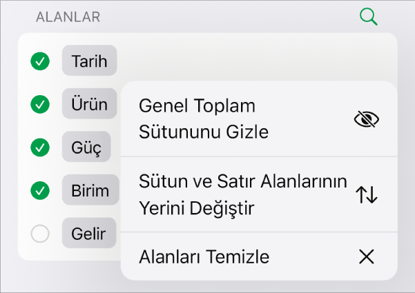 Genel toplamları gizleme, sütun ve satır alanlarını yer değiştirme ve alanları temizleme denetimlerini gösteren Daha Fazla Alan Seçeneği menüsü.