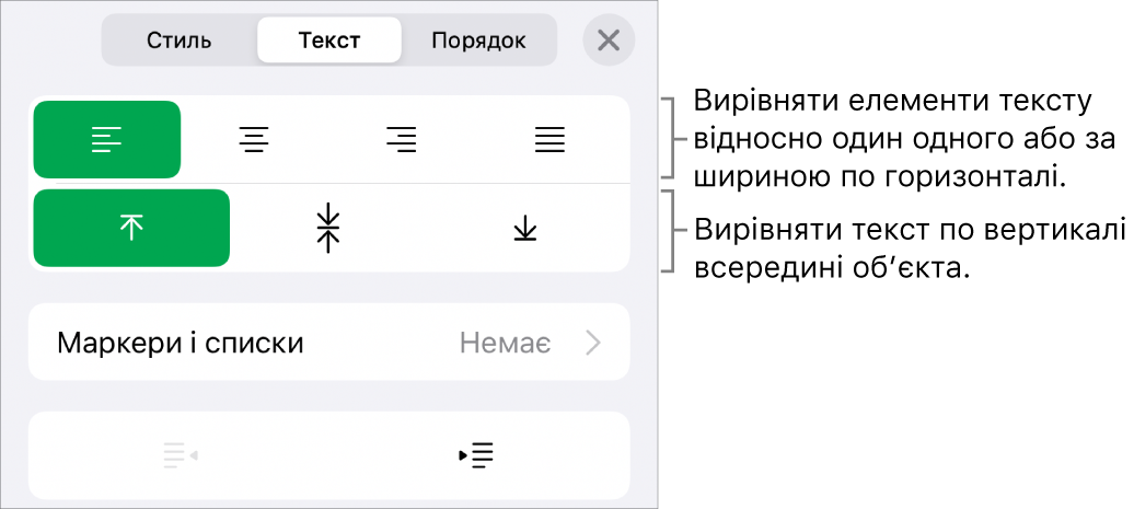 Розділ «Макет» в інспекторі форматування з виносками на кнопки вирівнювання та визначення інтервалів.