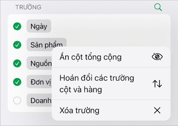 Menu Tùy chọn trường khác, đang hiển thị các điều khiển để ẩn tổng lớn, hoán đổi các trường hàng và cột và xóa các trường.