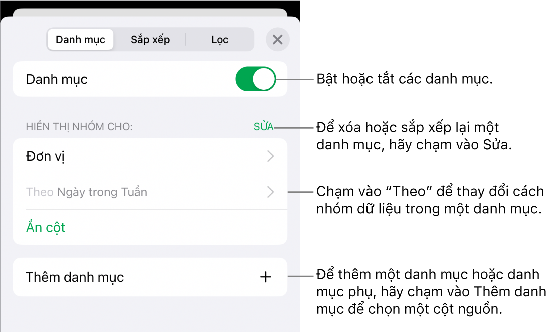 Menu Danh mục cho iPhone với các tùy chọn để tắt danh mục, xóa danh mục, nhóm lại dữ liệu, ẩn cột nguồn và thêm danh mục.