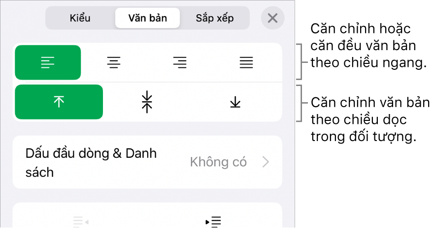 Phần Bố cục của trình kiểm tra Định dạng với các lời nhắc đến các nút căn chỉnh văn bản và giãn cách.