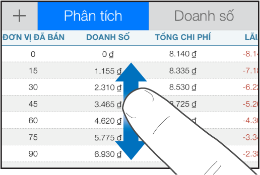 Một ngón tay di chuyển lên và xuống để cuộn trong bảng.