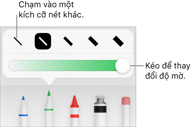 Các điều khiển để chọn một kích cỡ nét và thanh trượt để điều chỉnh độ mờ.