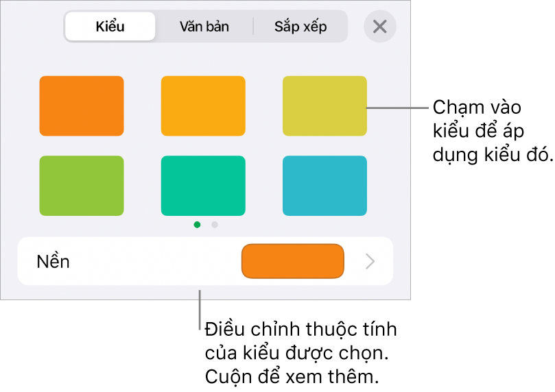 Tab Kiểu của menu Định dạng, với các kiểu đối tượng ở đầu và một điều khiển ở bên dưới để thay đổi nền.