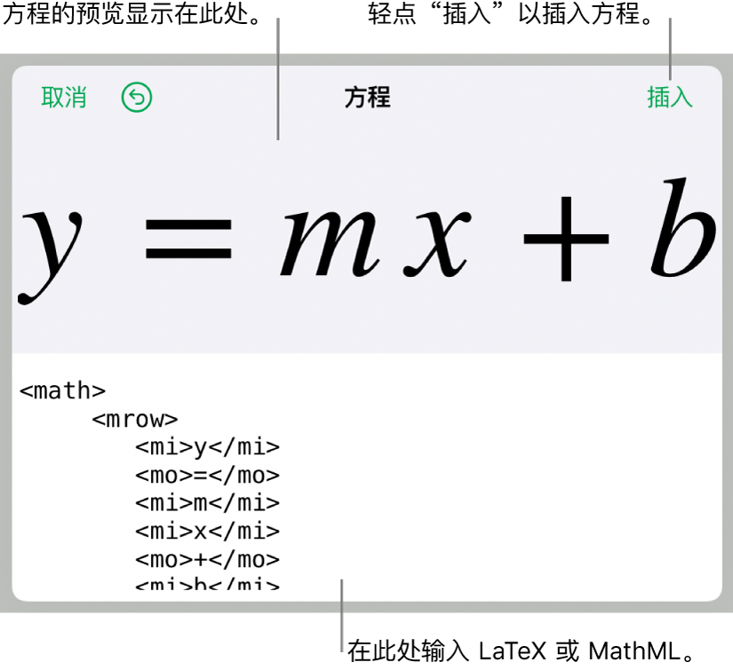 直线斜率方程的 MathML 代码以及上方公式的预览。