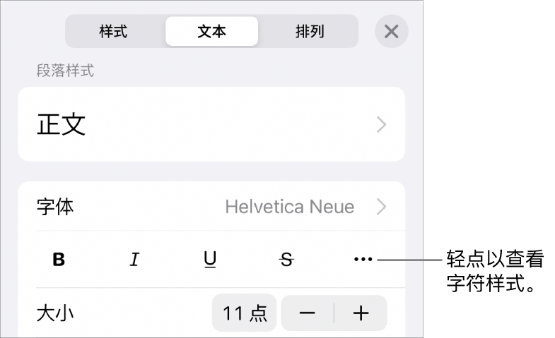 “格式”控制，顶部是段落样式，然后是“字体”控制。“字体”下方是“粗体”、“斜体”、“下划线”、“删除线”和“更多文本选项”按钮。