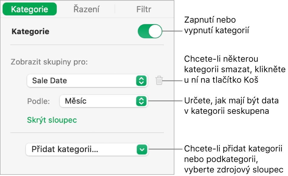 Boční panel kategorií s volbami pro vypnutí kategorií, smazání kategorií, přeskupení dat, skrytí zdrojového sloupce a přidání kategorií