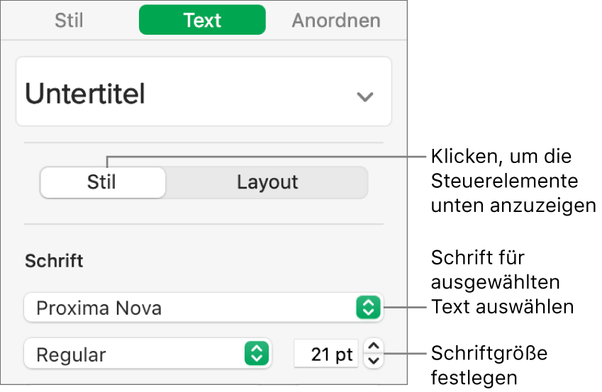 Steuerelemente im Abschnitt „Stil“ der Seitenleiste „Format“ zum Festlegen der Schrift und der Schriftgröße.