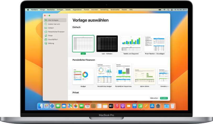 Ein MacBook Pro, bei dem die Numbers-Vorlagenauswahl auf dem Bildschirm geöffnet ist. Die Kategorie „Alle Vorlagen“ ist links ausgewählt und die vordefinierten Vorlagen erscheinen rechts in Zeilen nach Kategorie sortiert.