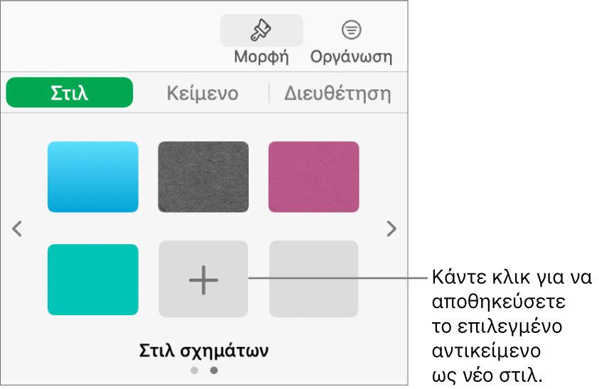 Η καρτέλα «Στιλ» της πλαϊνής στήλης «Μορφή» με τέσσερα στιλ εικόνων, ένα κουμπί «Δημιουργία στιλ» και ένα κενό δεσμευτικό θέσης στιλ.