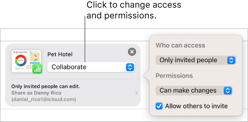 An invitation to collaborate in Messages. A pop-up menu confirms access, permission and invitation privileges.