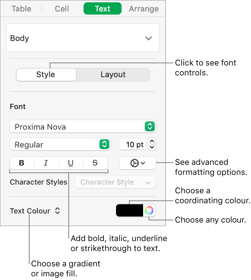 The controls for styling table text.