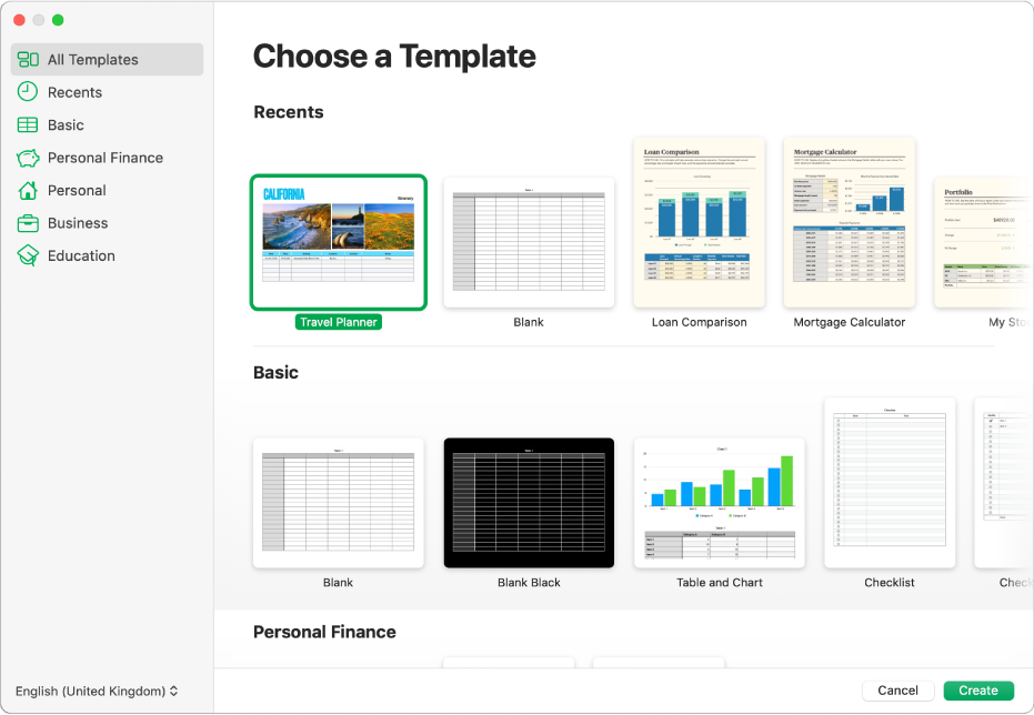 The template chooser. A sidebar on the left lists template categories you can click to filter options. On the right are thumbnails of predesigned templates arranged in rows by category, starting with Recents at the top and followed by Basic and Personal Finance. The Language and Region pop-up menu is in the bottom-left corner and the Cancel and Create buttons are in the bottom-right corner.