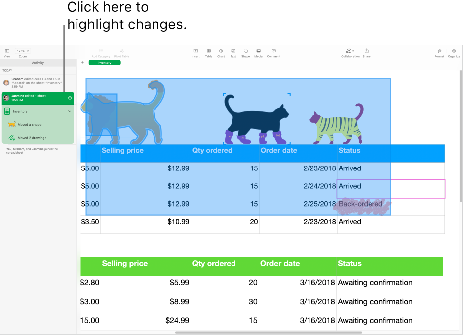 A collaborative document with the collaboration menu and activity list both open.