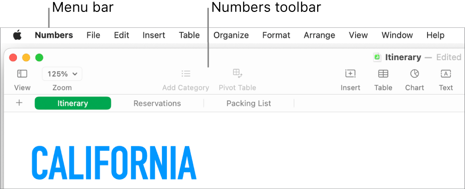 The menu bar at the top of the screen with Apple, Numbers, File, Edit, Insert, Format, Arrange, View, Share, Window, and Help menus. Below the menu bar is an open Numbers spreadsheet with toolbar buttons across the top for View, Zoom, Add Category, Insert, Table, Chart, Text, Shape, Media, and Comment.