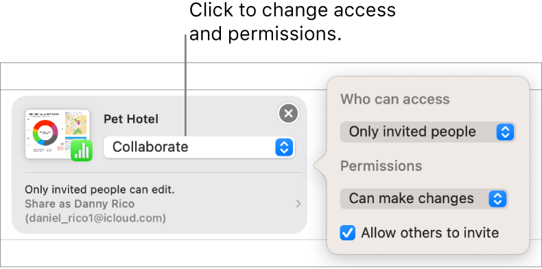 An invitation to collaborate in Messages. A pop-up menu confirms access, permission, and invitation privileges.