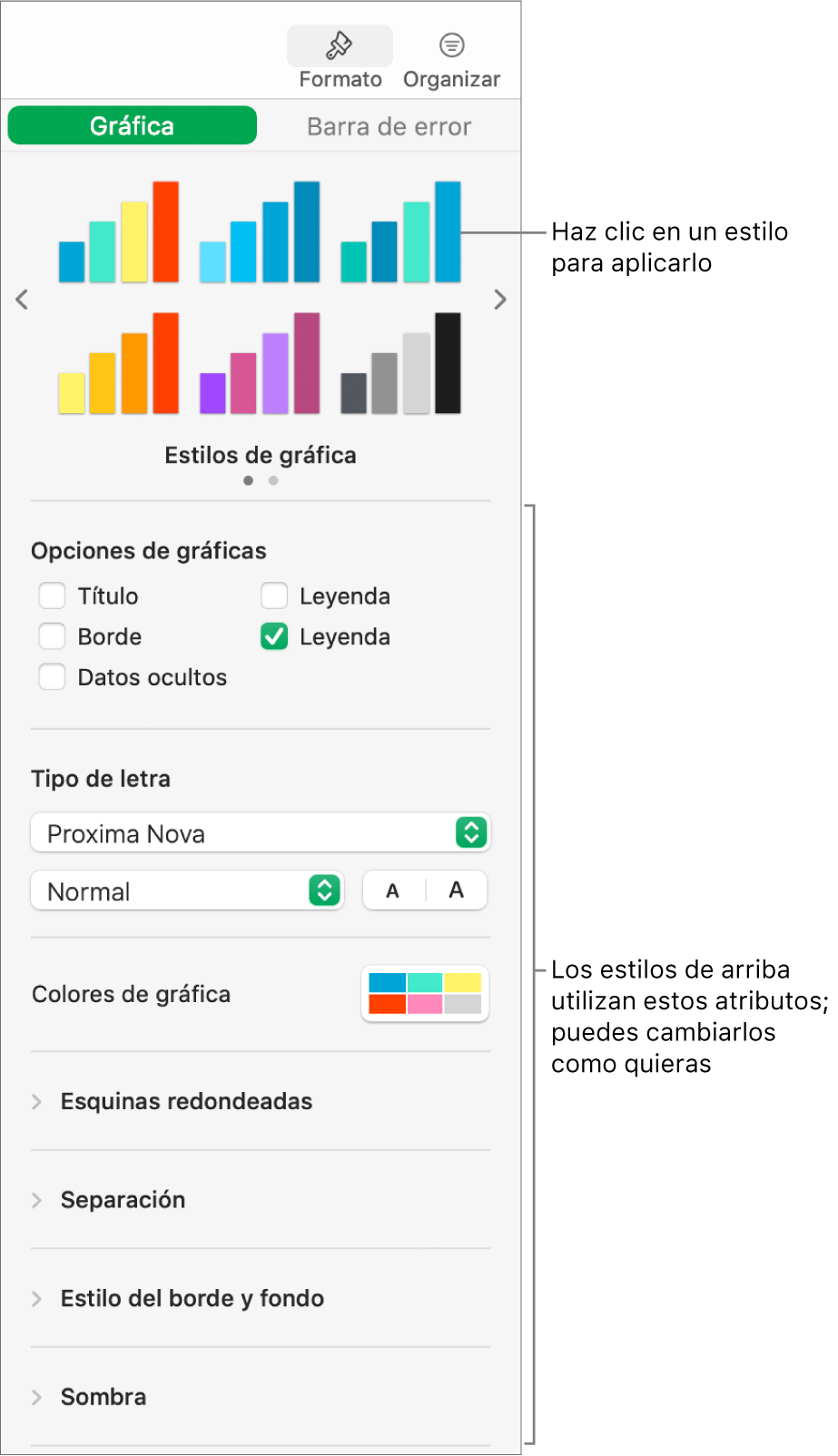 La barra lateral Formato que muestra los controles para dar formato a gráficas.