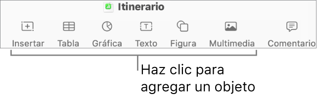 La ventana de Numbers con llamadas a los botones de objeto de la barra de herramientas.