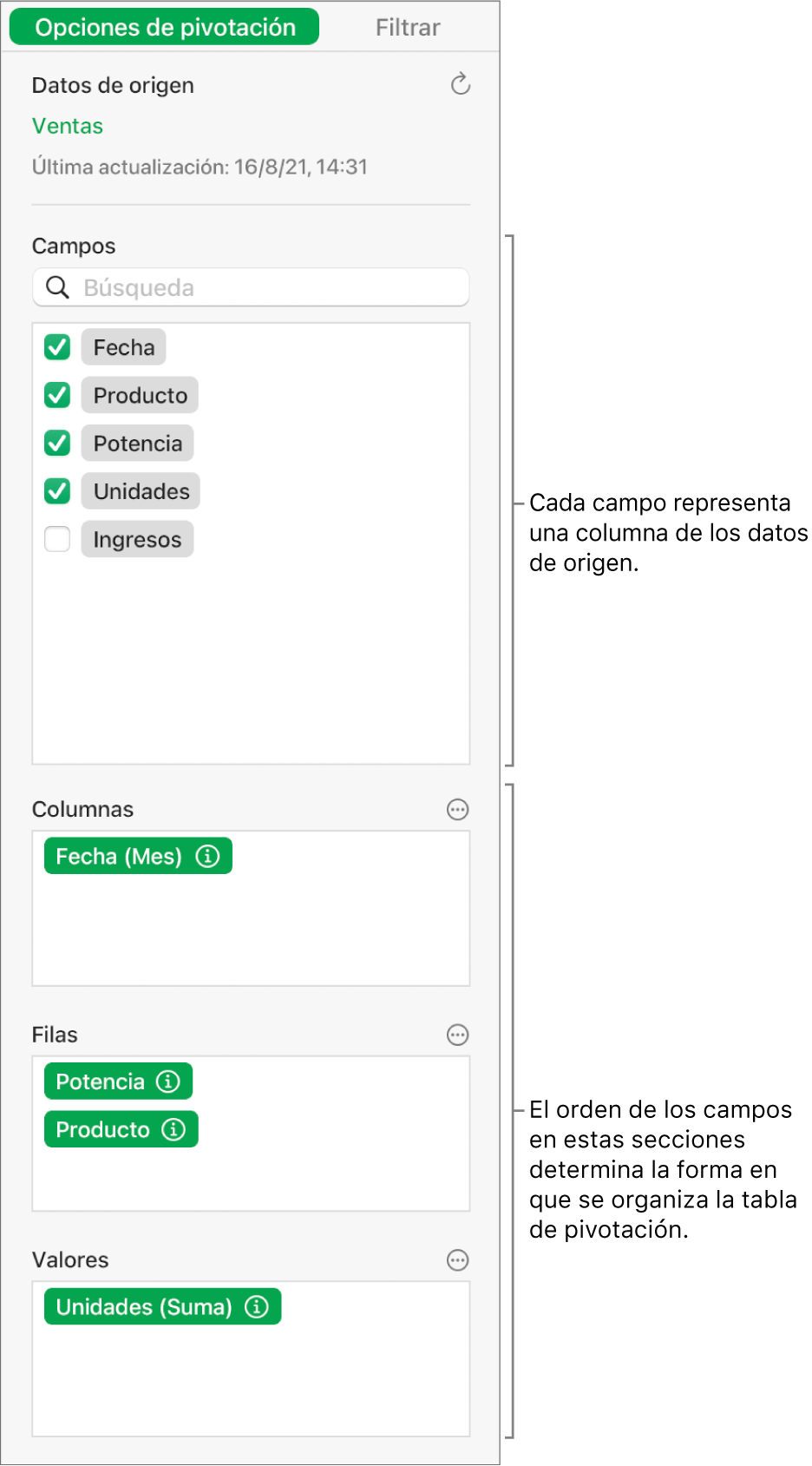 El menú Opciones de pivotación, en el que se muestran campos de las secciones Columnas, Filas y Valores, así como controles para editar los campos y actualizar la tabla de pivotación.