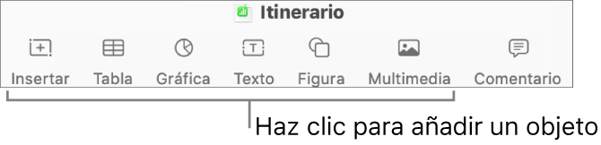 La barra de herramientas de Numbers con los botones Tabla, Gráfica, Texto, Figura y Multimedia.