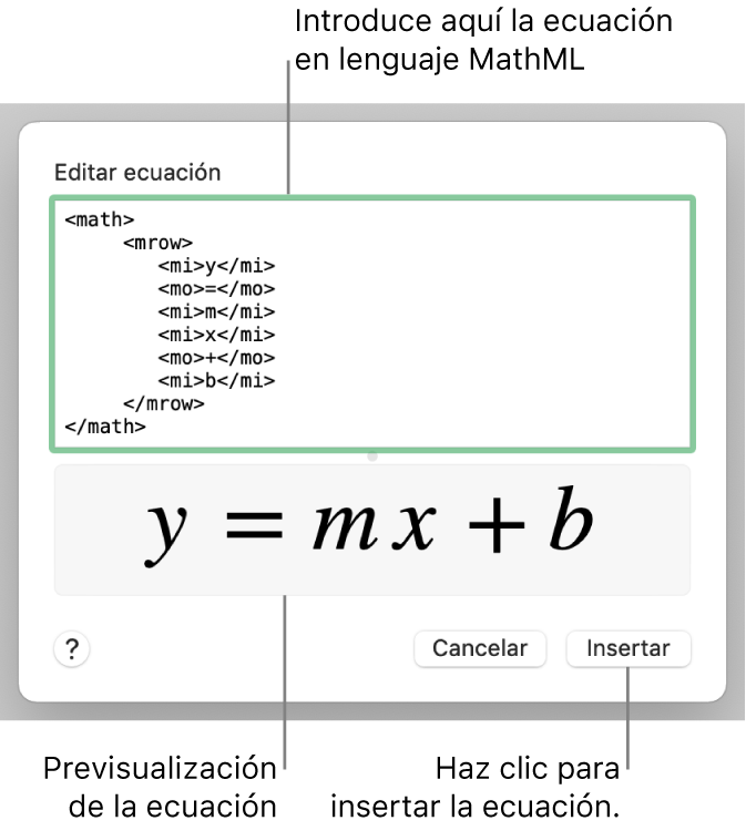 La ecuación de la pendiente de una recta en el campo “Editar ecuación” y la previsualización de la fórmula a continuación.