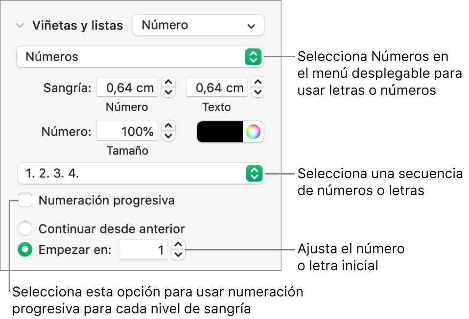 Controles para cambiar el estilo de numeración y el espaciado de una lista.